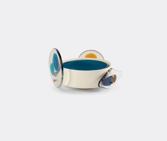 Cassina Colourdisc - Painted Ivory Brass Low Vase With Murano Glass Elements + Internal Vase Col. Orizzonte Ivory and Blue ${masterID} 2