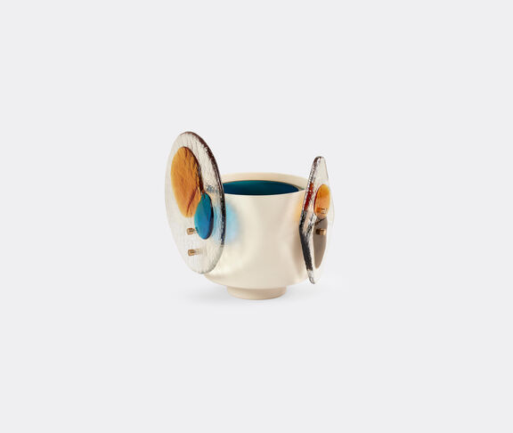Cassina Colourdisc - Painted Ivory Brass Medium Vase With Murano Glass Elements + Internal Vase Col. Orizzonte Ivory and Blue ${masterID} 2