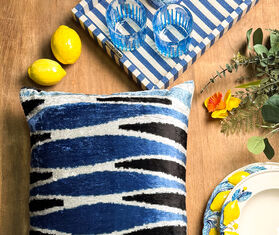 Les-Ottomans Silk velvet cushion, blue and black MULTICOLOUR OTTO26SIL437MUL