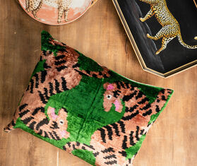 Les-Ottomans Silk velvet cushion, green, gold and black MULTICOLOUR OTTO25SIL206MUL