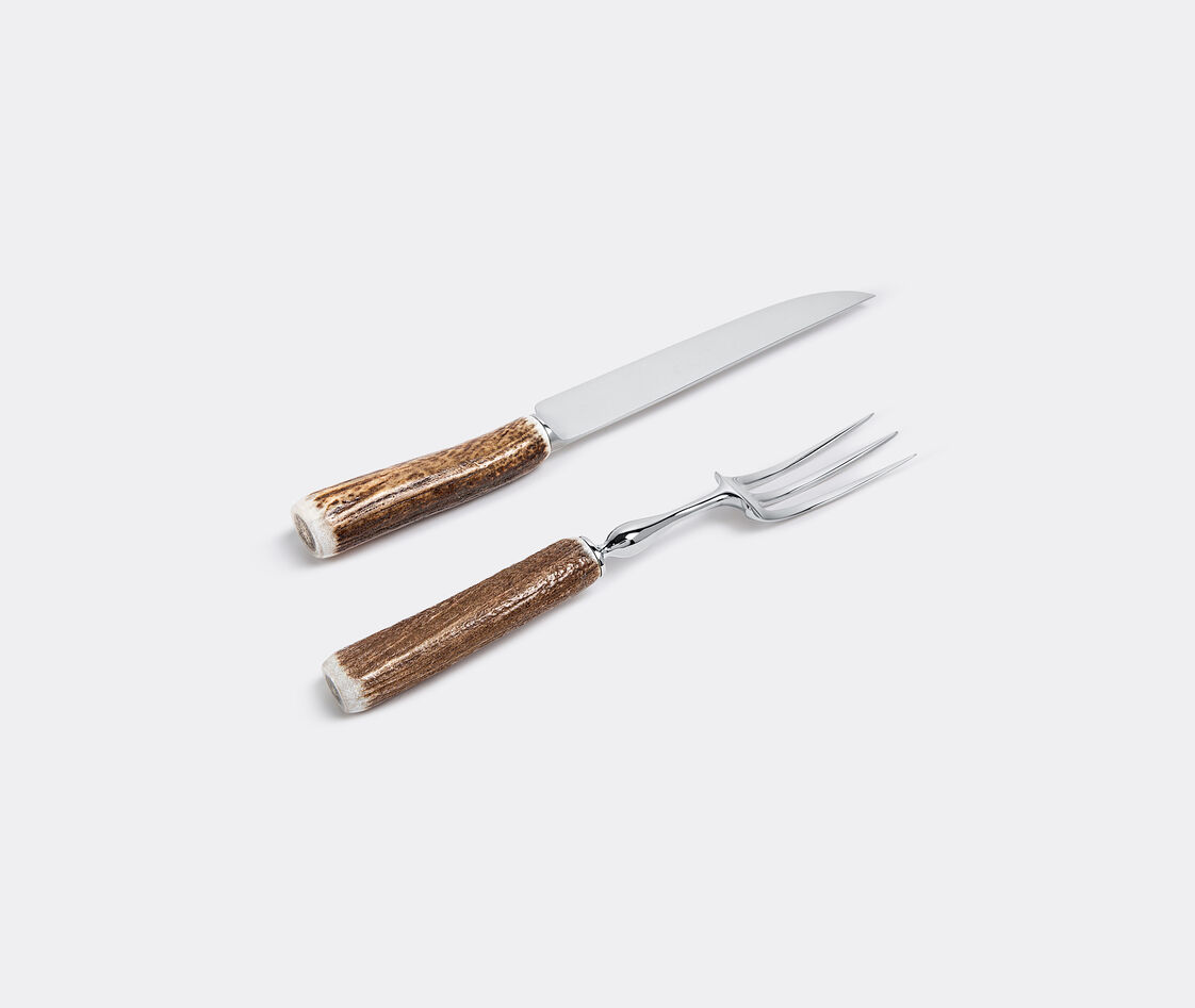 Lorenzi Milano Stag Antler Carving Set In Brown In Brown, Silver
