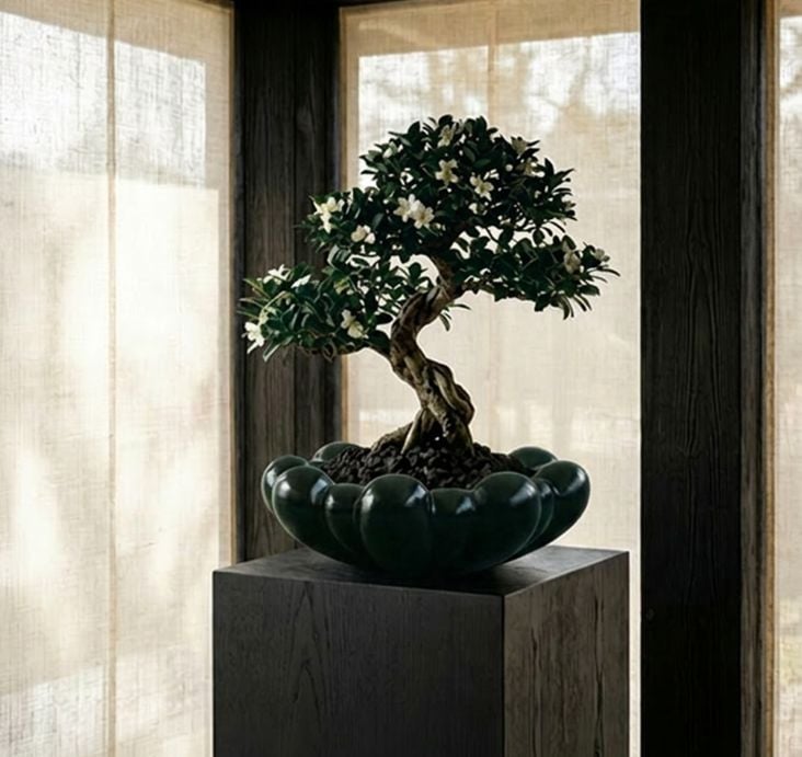 A flowering bonsai tree in a dark green sculptural bowl on a black pedestal by a window