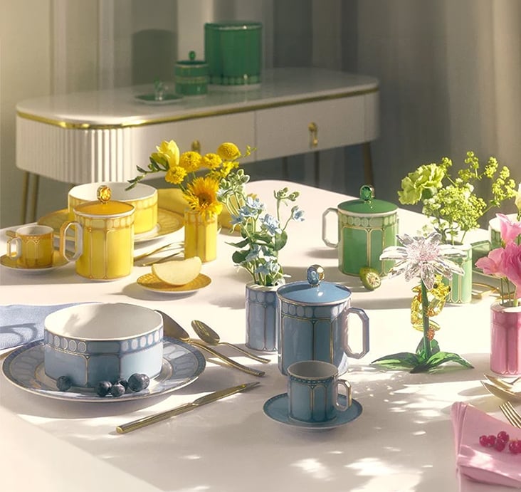 Rosenthal porcelain and Swarovski crystal tea and coffee set styled on a sunlit table